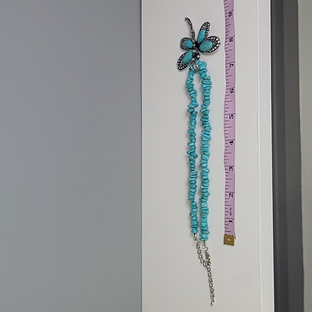 Bohemian Dragonfly Necklace Crushed Natural Stone Faux Turquoise Silver Boho - Picture 6 of 7